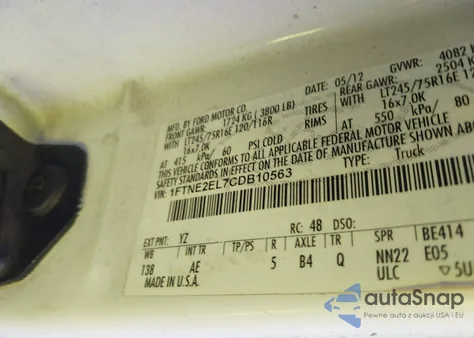 2012 Ford E-250 Commercial z USA, uszkodzony, nr VIN 1FTNE2EL7CDB10563